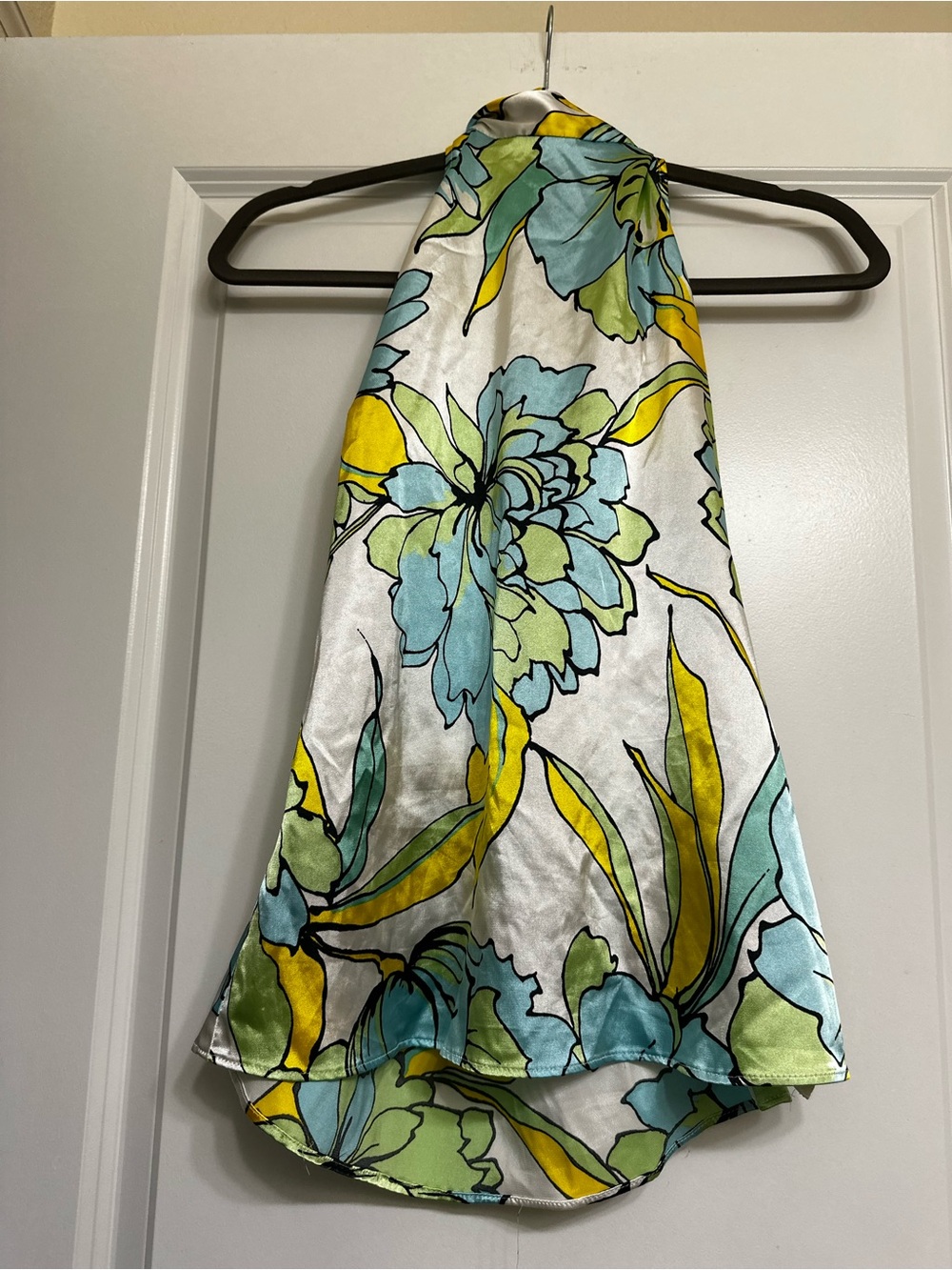 Zara Floral Halter Satin Top in Aqua, Yellow & Green- size Medium - Picture 2 of 4